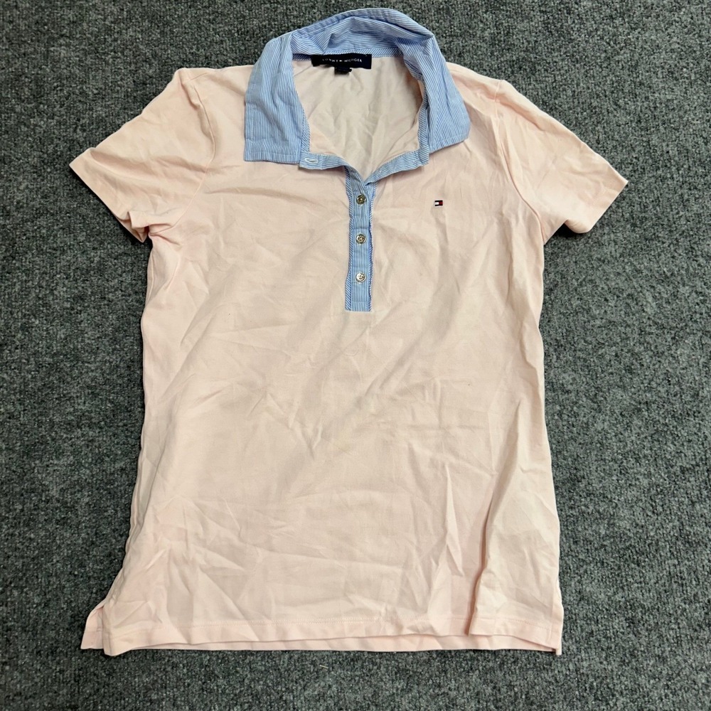Tommy Hilfiger Polo Womens Size S Pink Cotton Blend Striped Collar Casual Shirt